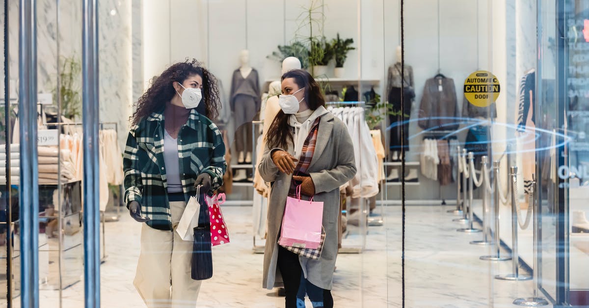 Can I buy malaria medication in India? - Through glass of female friends in protective masks carrying shopping bags while walking out of clothing store