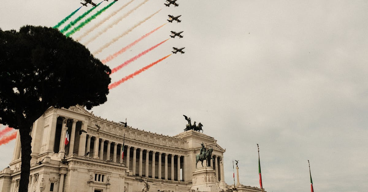 Can I fly back to Italy if my Italian residency card has expired and is being renewed? - Air show above Victor Emmanuel Monument with sculptures in city