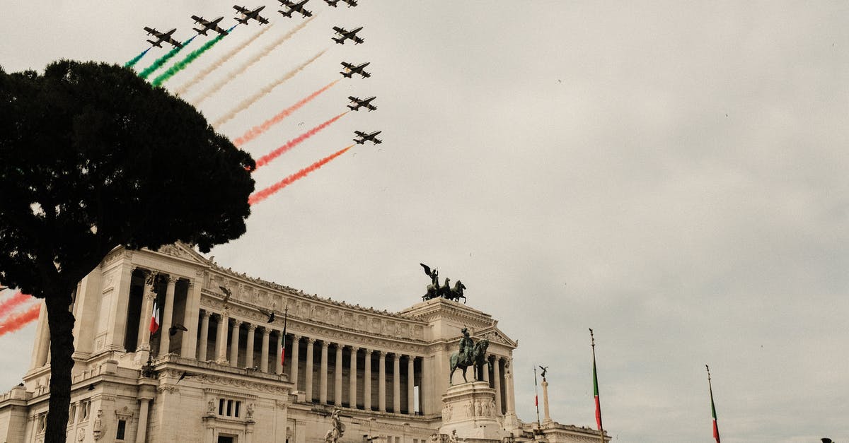 Can I fly back to Italy if my Italian residency card has expired and is being renewed? - Low angle of air show over Victor Emmanuel Monument with sculptures and colonnade during National Unity and Armed Forces Day in Italy
