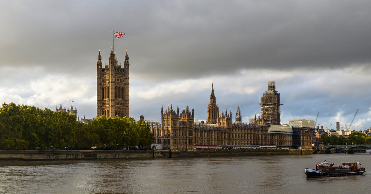 Can I travel to UK with my Italian national spouse and my permesso di soggiorno? - Exterior of Houses of Parliament with flag of England in front of Thames in cloudy day
