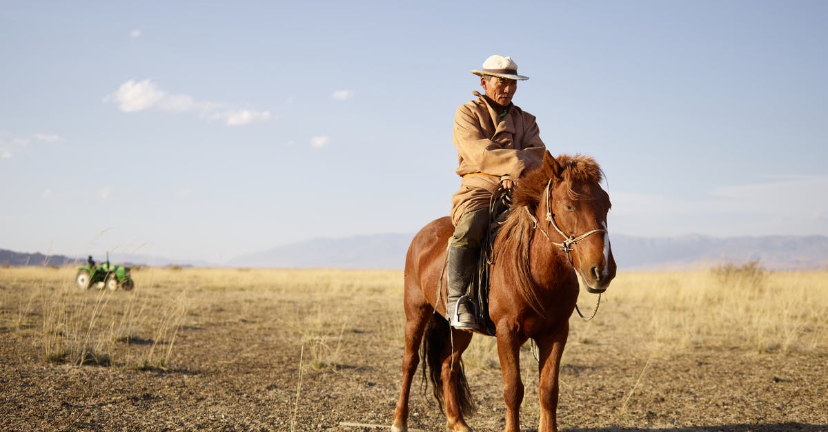 Can I visit all the countries in the Schengen area with a national visa? - Senior Asian horseman wearing national cloth riding brown horse near green tractor in prairie with dried yellow grass and distant mountains in haze under clear blue sky