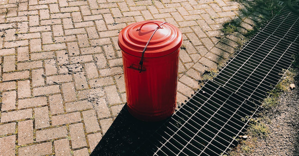 Can you actually do a road-trip in Greenland? - High angle of red metal trash can placed on pavement near sewer grates in city street in sunny summer day