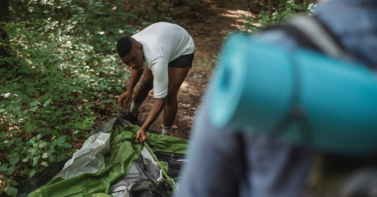 Can you freely camp along trails in Scotland? - From above of black man making tent while travelling with friend in woodland