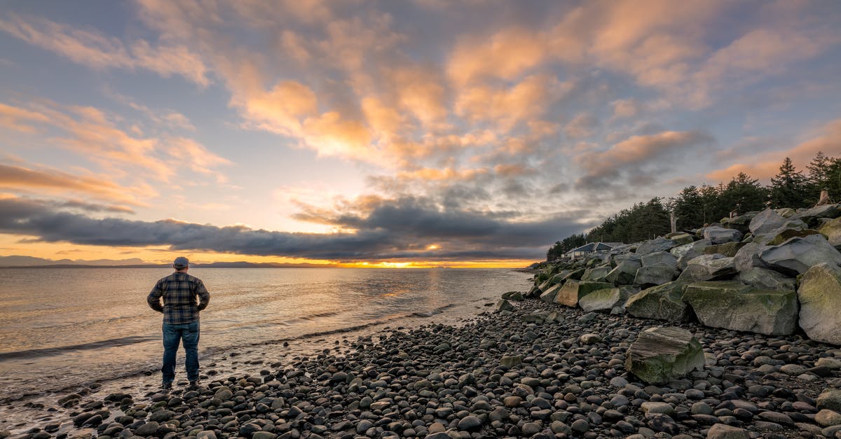 Can you take large umbrellas on a plane? - Man Standing on Rocky Shore during Sunset