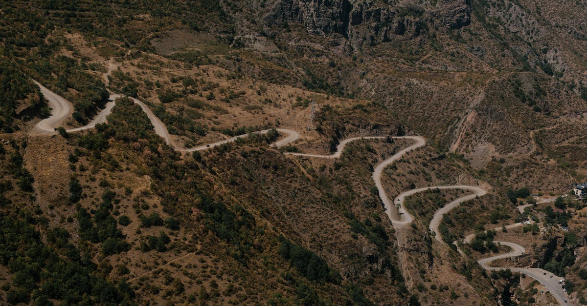 Caravan travels, the rough way - Asphalt winding roadway on mountain slope