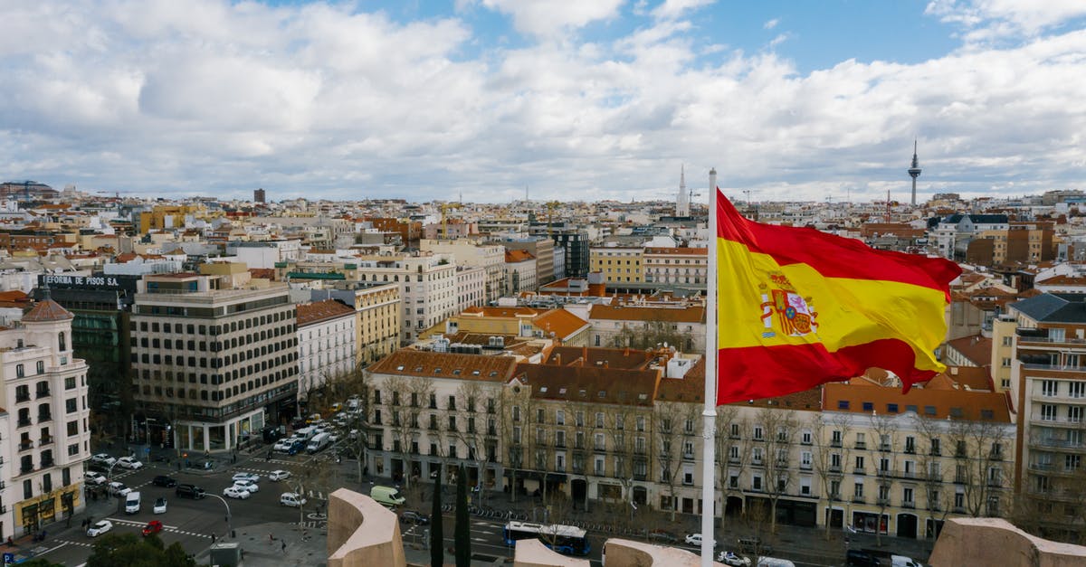 Chinese/Spanish dual national entering Schengen area - Drone view of Spanish city with aged buildings and national flag under cloudy blue sky