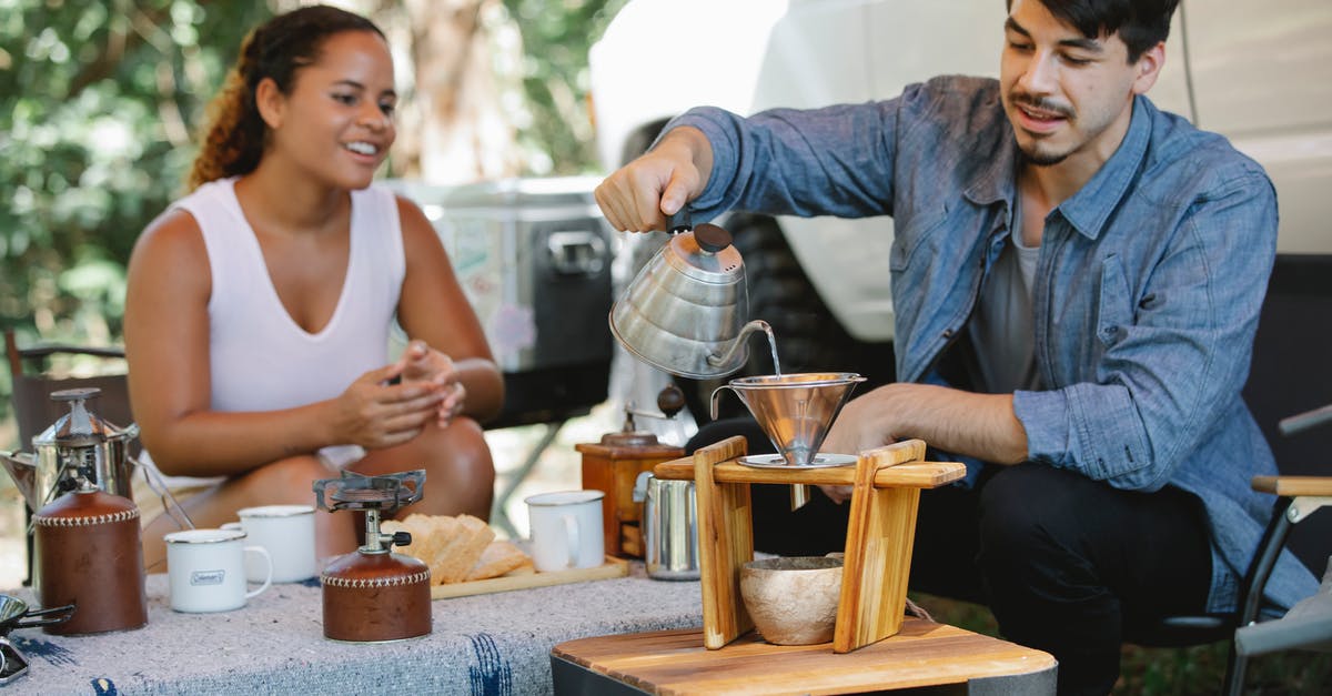 Compact, portable alternative to a bathroom scale - Content young man pouring hot water from gooseneck kettle into filter while preparing pour over coffee with smiling girlfriend during picnic