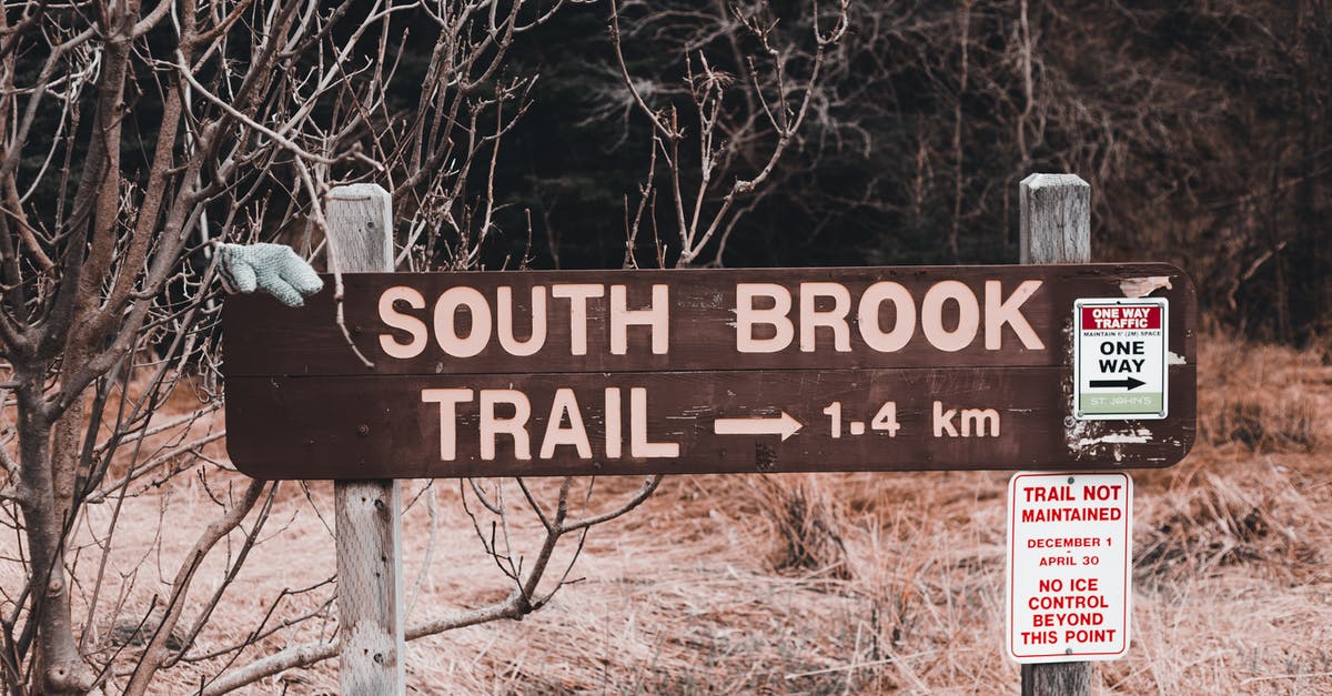 Confusion in submitting Documents for Canada Tourist Visa stamping - Wooden sign with direction to South Brook trail placed near inscriptions and leafless trees near dry grass in countryside in autumn day