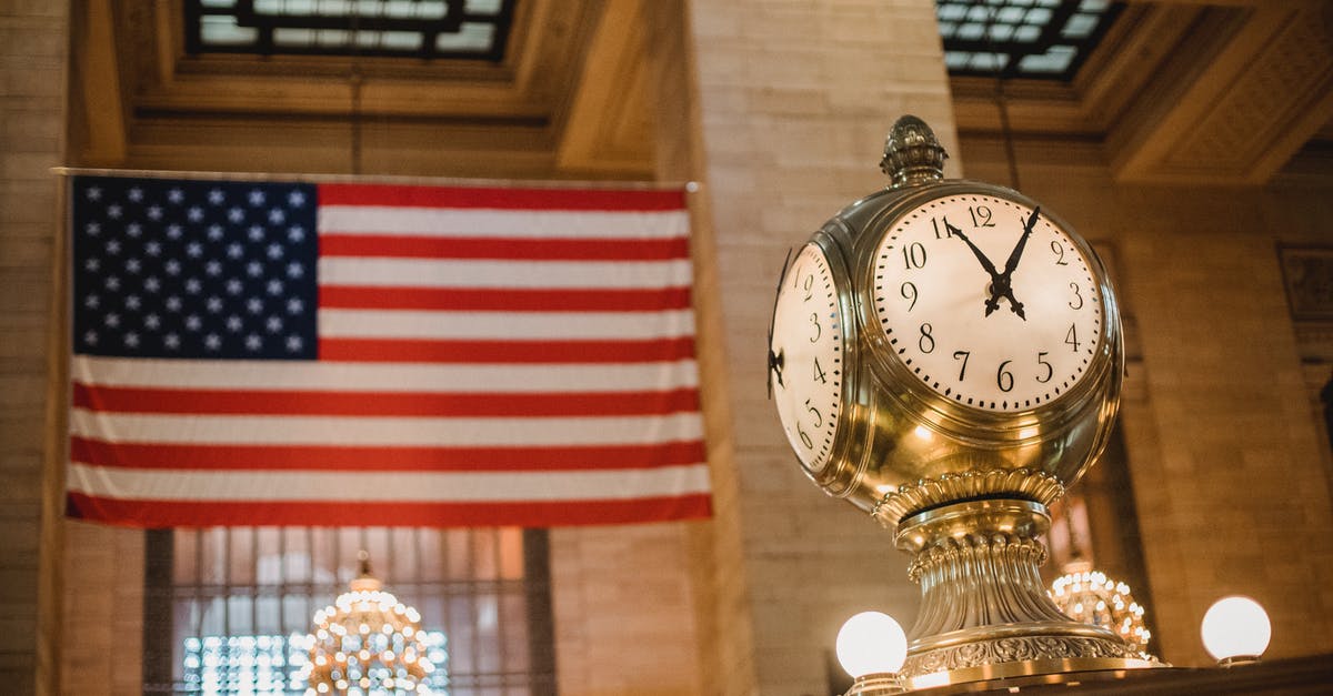 Connection time needed from USA to Heathrow to Shannon - Vintage clock against American flag