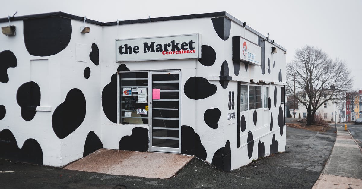 Convenience stores in India - Store with creative cow pattern and signboard located on asphalt sidewalk on street with buildings and leafless trees in town