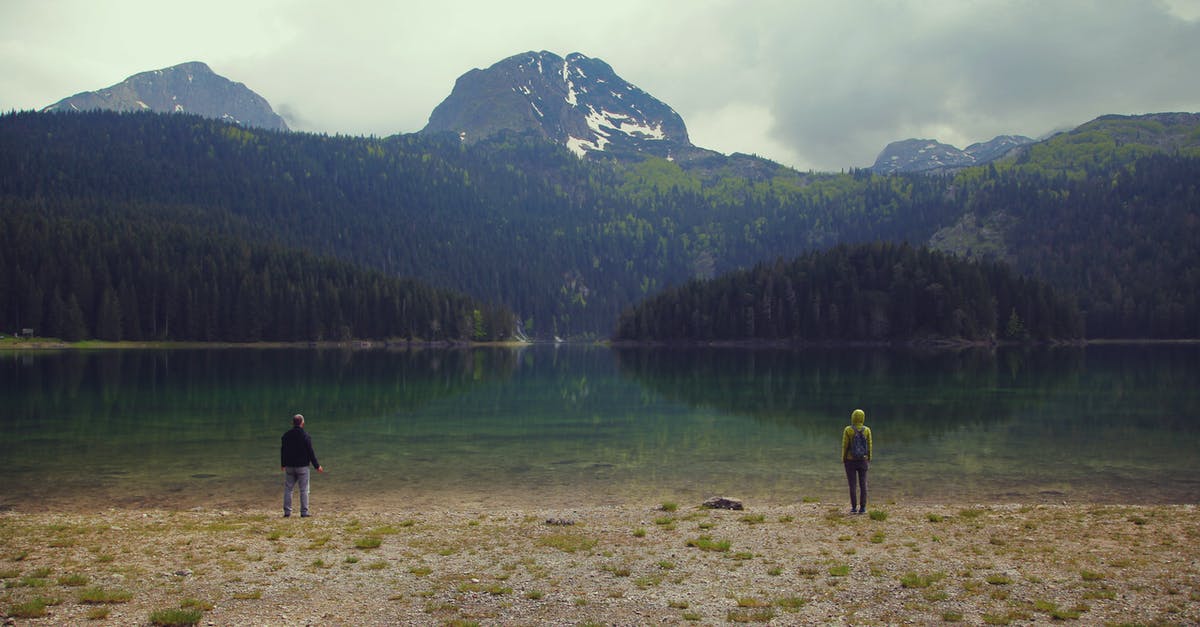 Couple applying for UK tourist visa in separate countries - Back view full length of unrecognizable travelers standing on coast with grass and admiring breathtaking view of pond near green hills with trees under gray cloudy sky in daytime