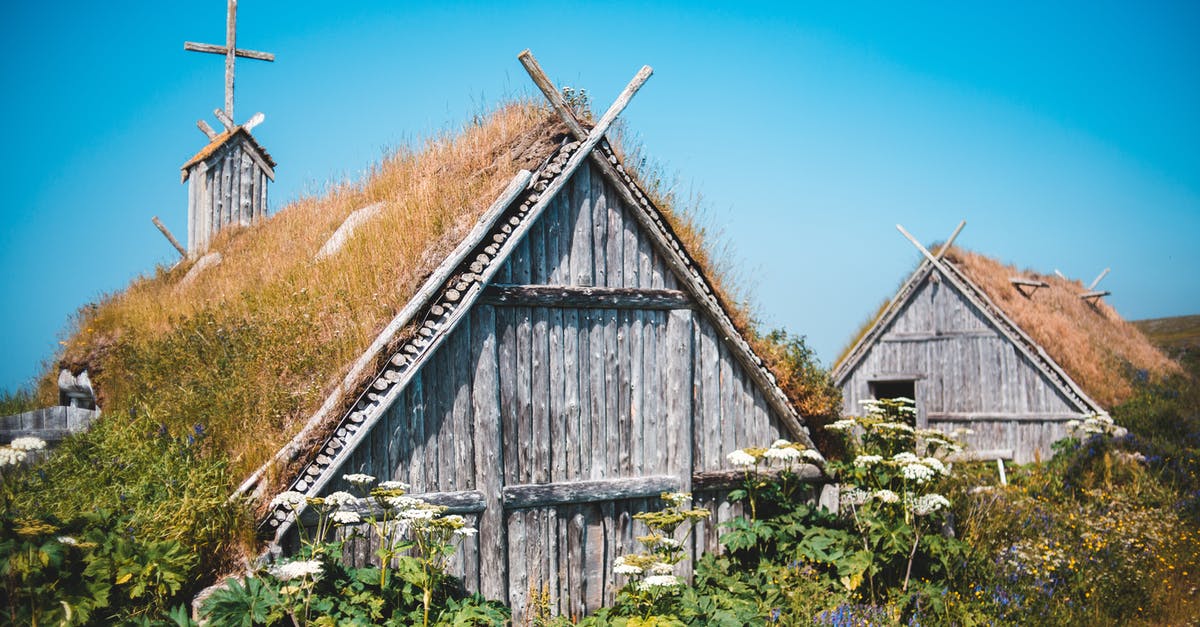 Cross Border Canada with B1/B2 Visa [closed] - Exterior of lumber shed and church among lush green plants in traditional Norstead Viking Village against cloudless blue sky