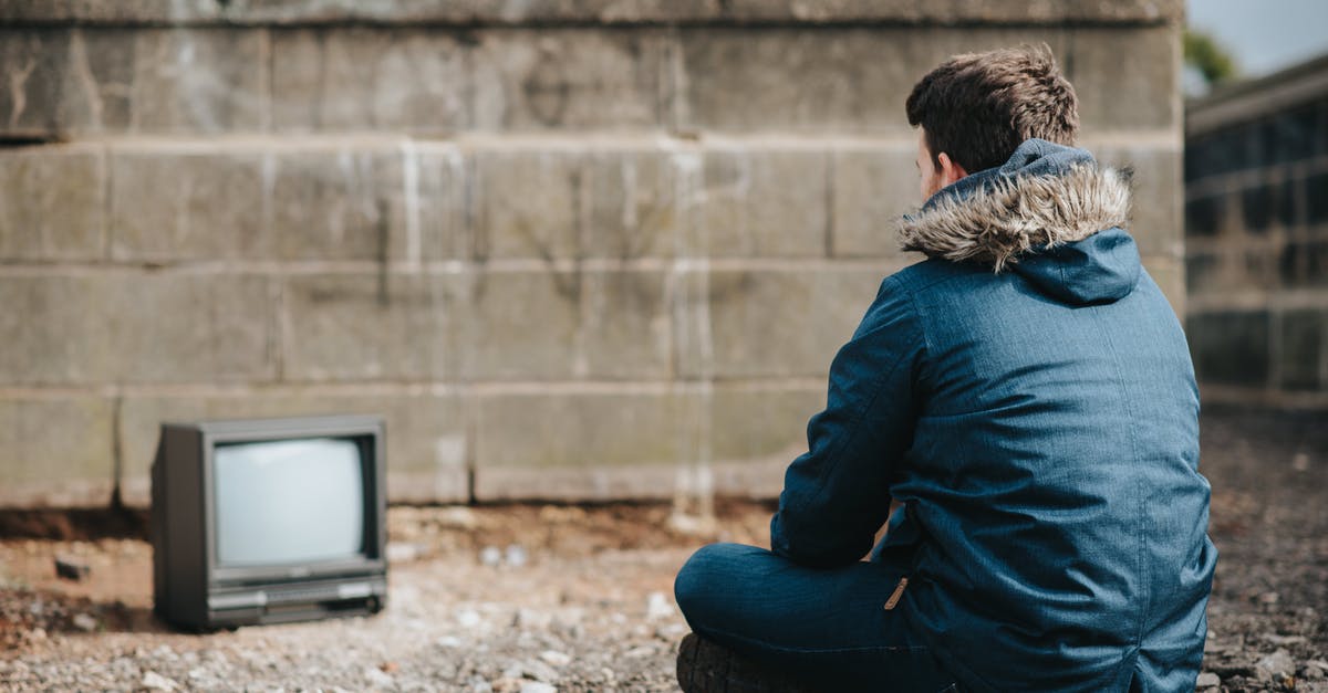 Crossing a border several times to increase duty free allowance - Back view of unrecognizable male in outerwear sitting on ground against shabby concrete wall with graffiti while looking at screen of vintage television on blurred background