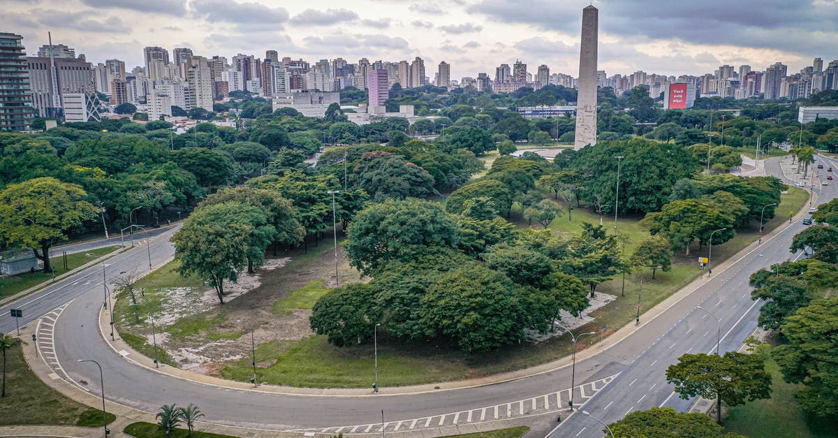 Crossing the Amazon, route 319 - Green trees with lush foliage growing on street surrounded with asphalt roads against tall residential buildings and cloudy sky in city