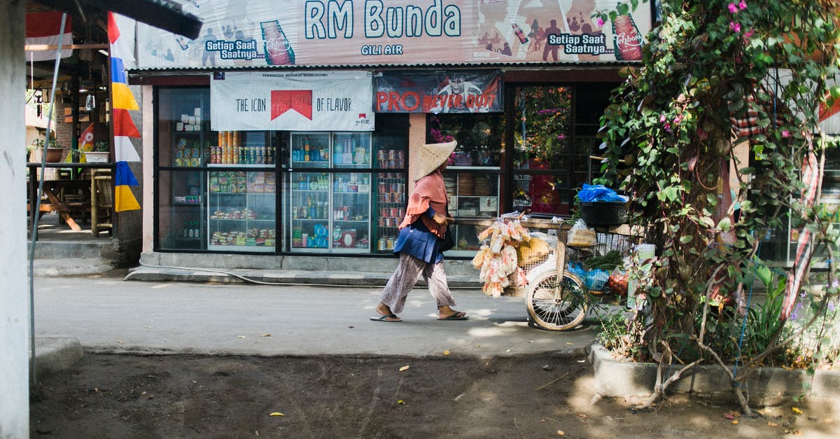 Customs on the way to Zambia - Side view of faceless woman in casual clothing and Asian conical hat pushing cart while walking on paved pedestrian road between store and trees