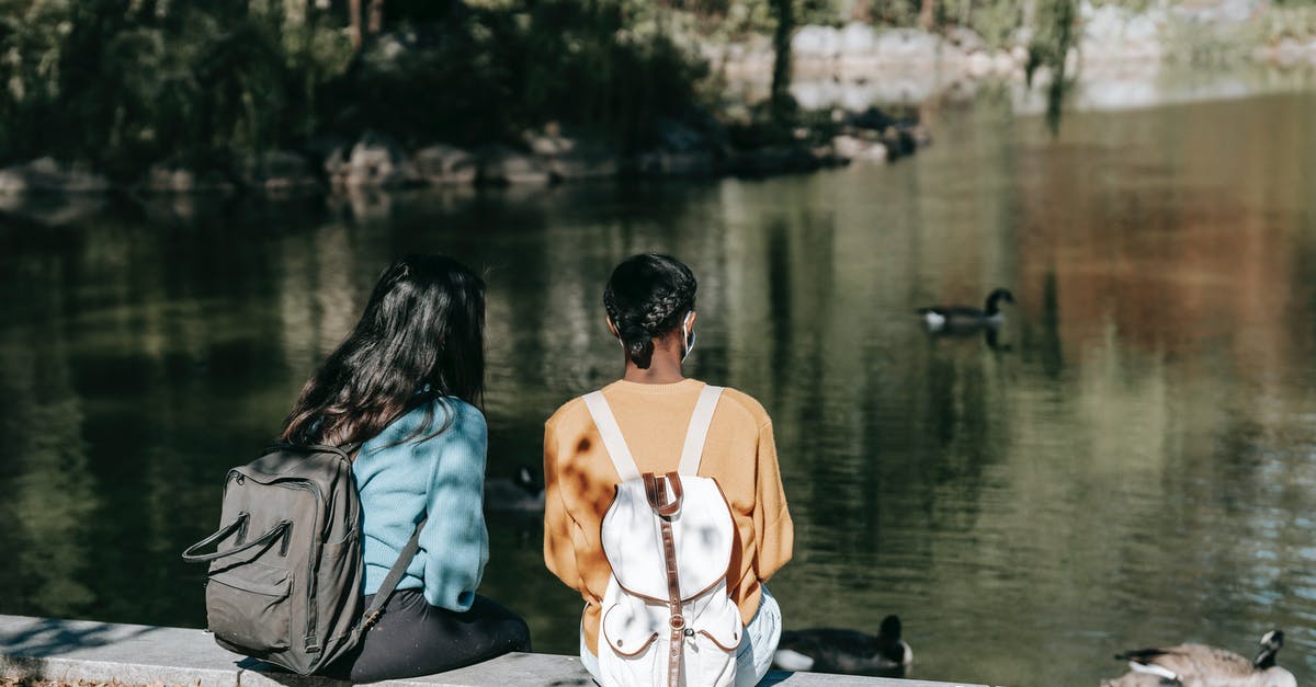 Day trip or weekend trip from Vientiane, Laos? - Back view of young female friends in casual wear and backpack sitting near calm lake with ducks in sunny day