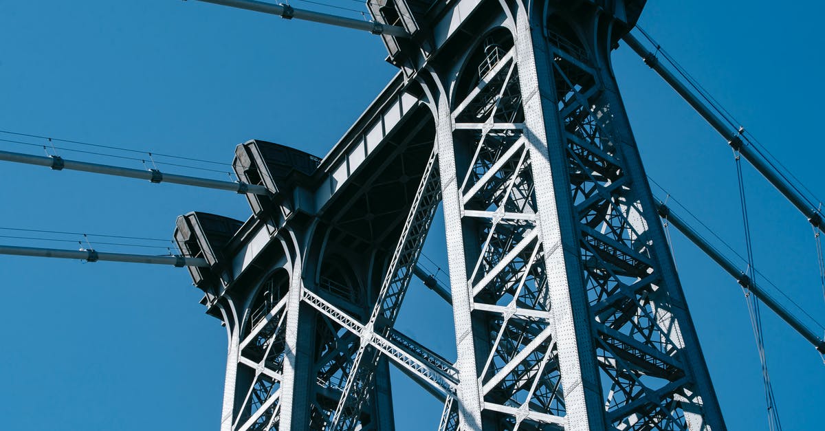 Deported form US twice, visiting England - From below of suspension Williamsburg Bridge with long metal constructions against cloudless sky