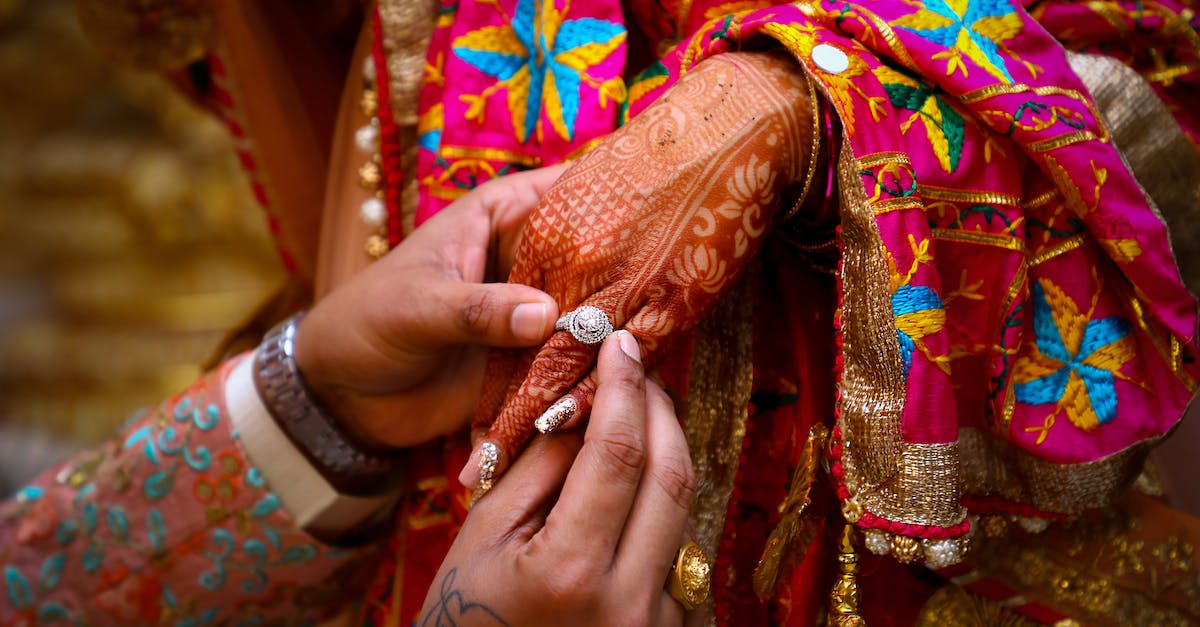 Diamond Jubilee events listing - Crop Indian man giving ring to woman during traditional wedding ceremony