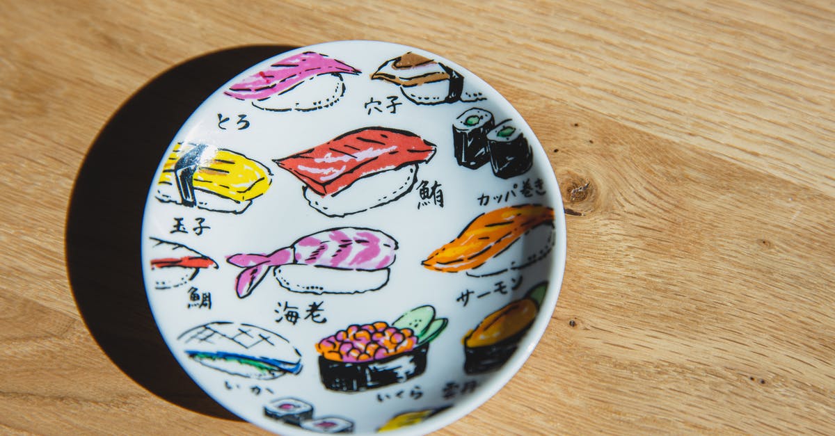 Different name in my Philippine and Japanese Passport - Top view of white ceramic plate with colorful drawings of sushi and rolls placed on wooden table
