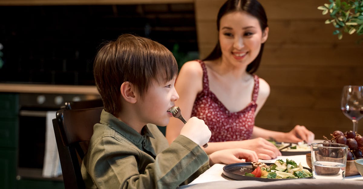 Dinner at the Folkestone and Calais Eurotunnel terminals - Woman in Pink Floral Tank Top Sitting Beside Boy in Green Jacket