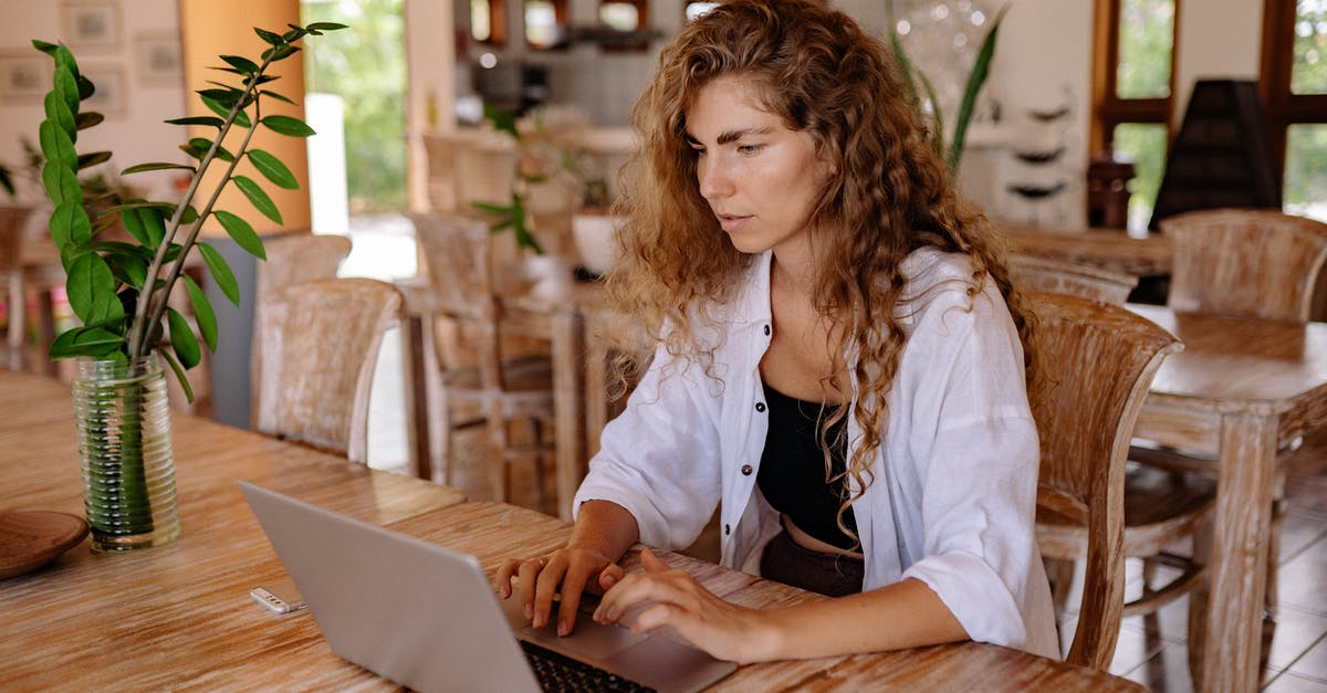 Disneyland Anaheim make me confused - Content female customer with long curly hair wearing casual outfit sitting at wooden table with netbook in classic interior restaurant while making online order