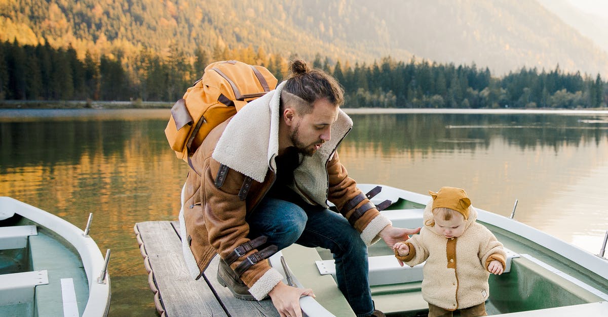 Do airlines count child carriers / baby backpacks as strollers? - Bearded father with backpack in casual warm outerwear standing on wooden pier and holding hand of little kid standing in boat on lake in mountains