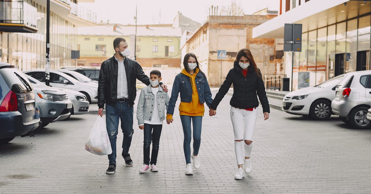 Do German shopping malls offer staffed children playrooms? - Young family in medical masks walking along parking