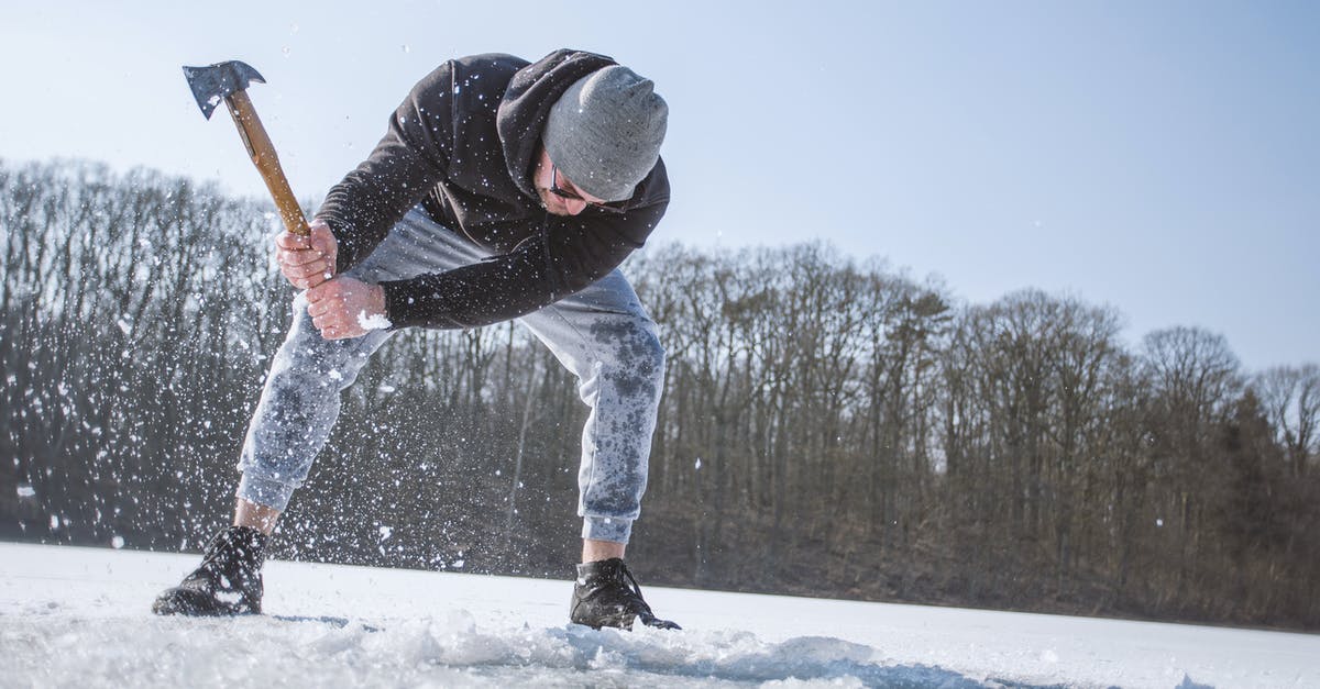 Do I need to declare ice axes at customs? - Man Wearing Black Hooded Jacket, Gray Knit Cap, Gray Pants, and Black Shoes Holding Brown Handled Axe While Bending on Snow