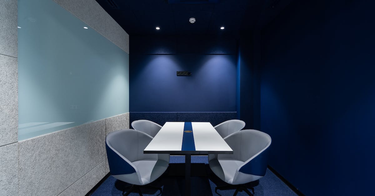 Do infants need their own seats on long flights? - Comfortable chairs placed on carpet at long white desk in modern conference room with blue walls in contemporary business center