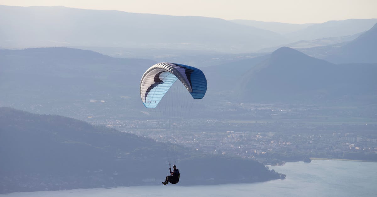 Do the Beijing-Tianjin high speed trains often get fully booked? - Unrecognizable person flying paraglider with blue parachute above calm water near mountains with settlement in distance against cloudless sky in nature