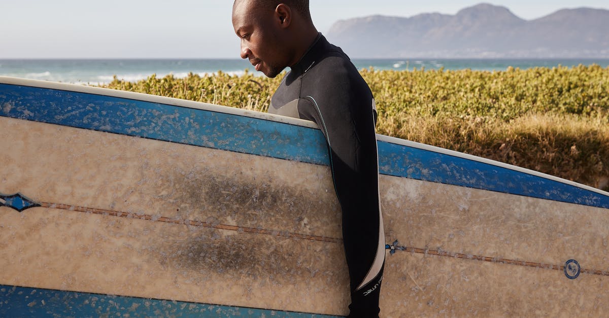 Does a suit fit in a carry-on bag or rollaboard? - Black athlete with old surfboard near shrubs on beach