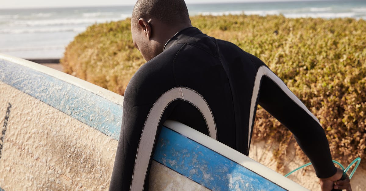 Does a suit fit in a carry-on bag or rollaboard? - Back view of anonymous ethnic sportsman in diving suit carrying surfboard near shrubs and ocean