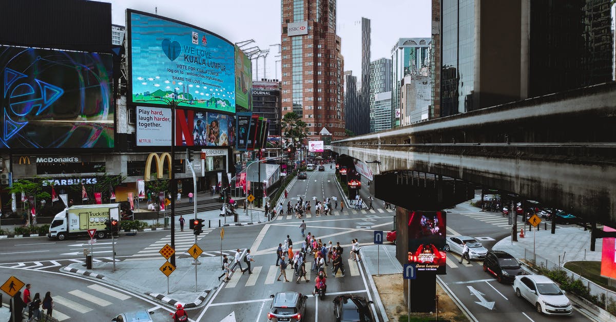 Does driving a car in Malaysia require an International Drivers Permit/IDP? - From above of modern metropolis with multistage buildings and asphalt roadway with marking lines and driving automobiles near group of unrecognizable pedestrians crossing road in daylight