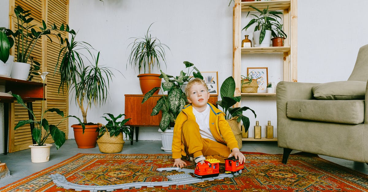 Does Icelandair have a lounge in Berlin? - Playful child in casual wear sitting on carpet in cozy living room and playing with plastic railway and train while having fun during weekend