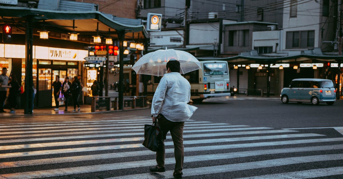 Does Japan Airlines have an unconditional 24-hour refund policy? - Man in White Jacket with Clear Umbrella Walking on Pedestrian Lane