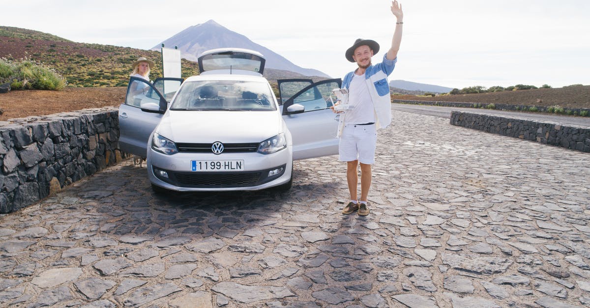 Does the free ASEZA visa allow to travel outside Aqaba? - Cheerful male in white clothes standing on cobblestone near car and greeting friend while resting with wife in countryside