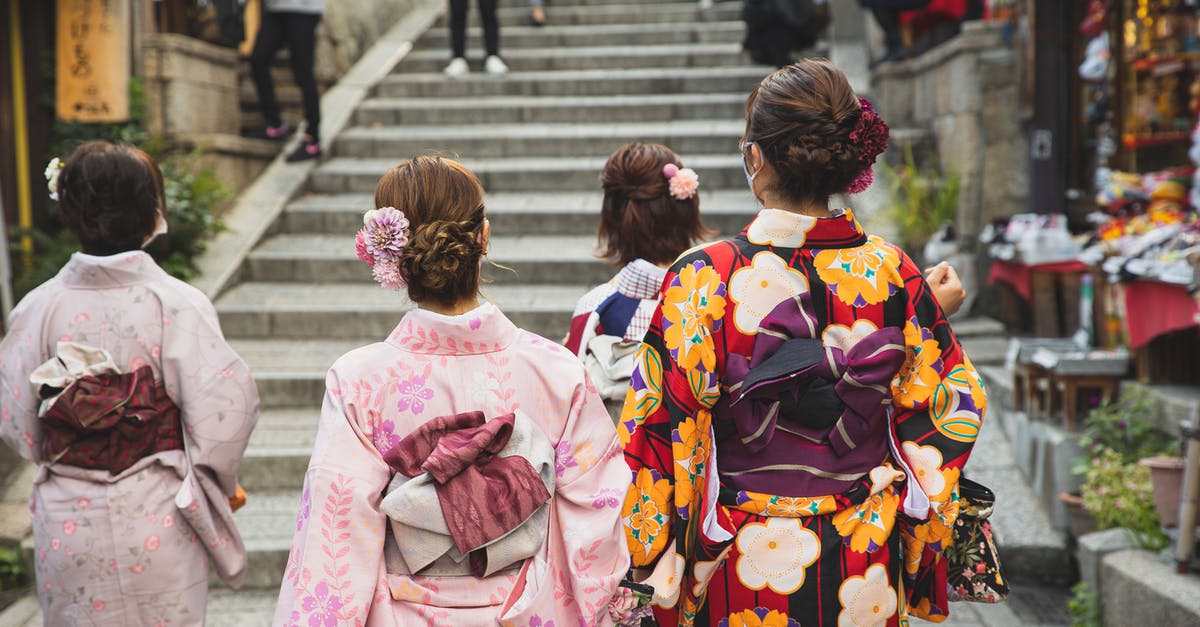 Dressing up as a Geisha/Maiko in Japan - Back view of unrecognizable women with neat hairstyle in traditional kimonos walking on paved street in oriental city