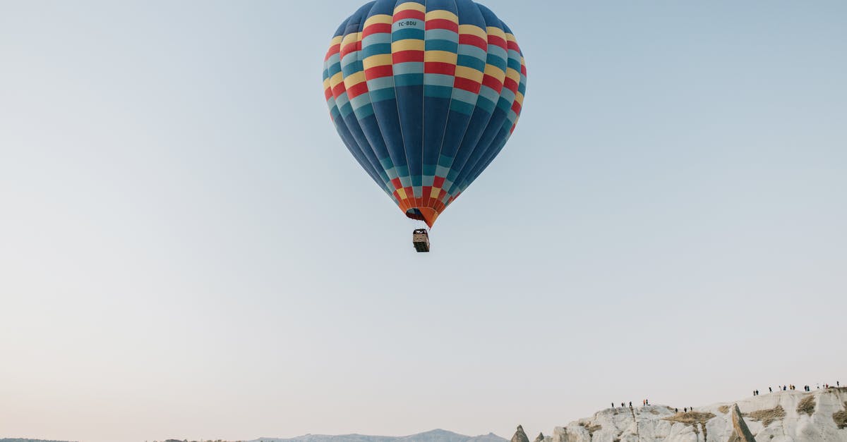 Drive to Chimney Rock - Picturesque scenery of colorful hot air balloon soaring above spacious rocky terrain against cloudless blue sky in early morning