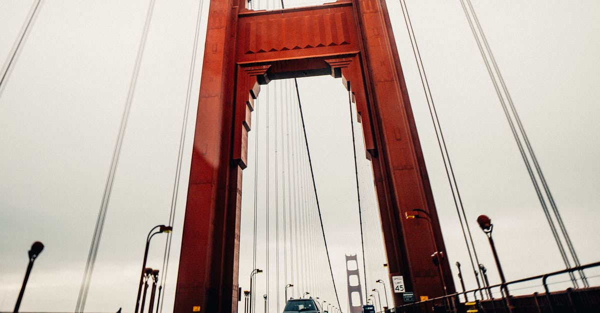 Driving from San Antonio to Copan Ruinas, Honduras - Cars riding along asphalt surface of famous Golden Gate Bridge in San Francisco on cloudy overcast day