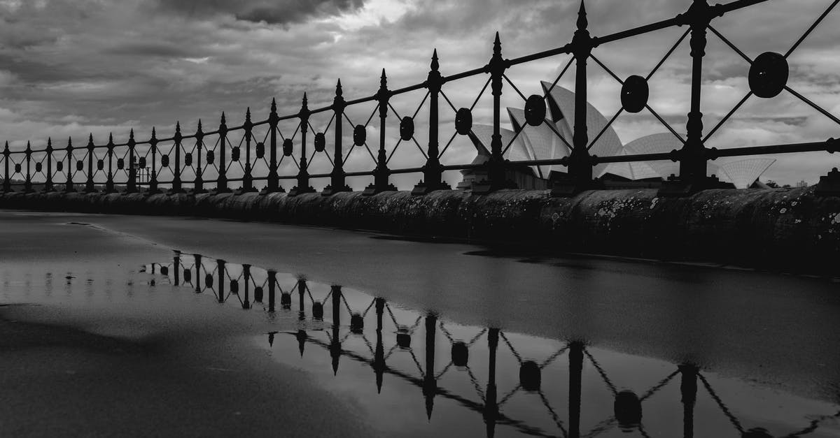 Dual national UK and Australia - Black and white famous white Sydney Opera House behind embankment metal railing on overcast rainy day