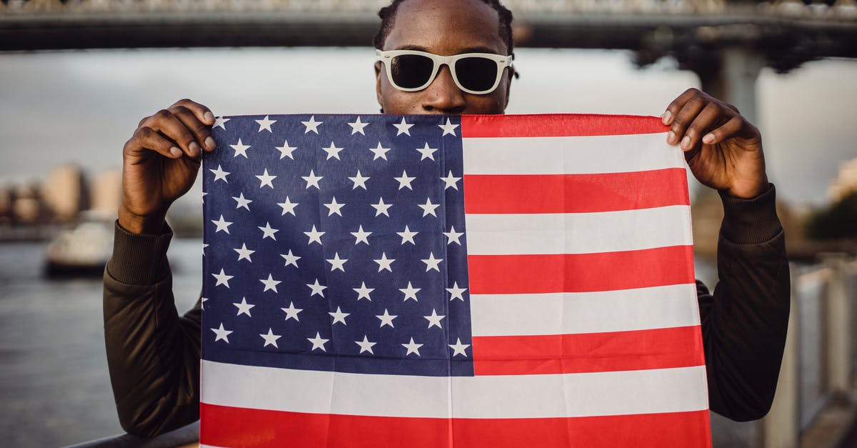 Dual nationals under new US legislation, is my visa still valid? - Young friendly black man in sunglasses with bandana with US flag print in hands standing against blurred Brooklyn Bridge in New York City