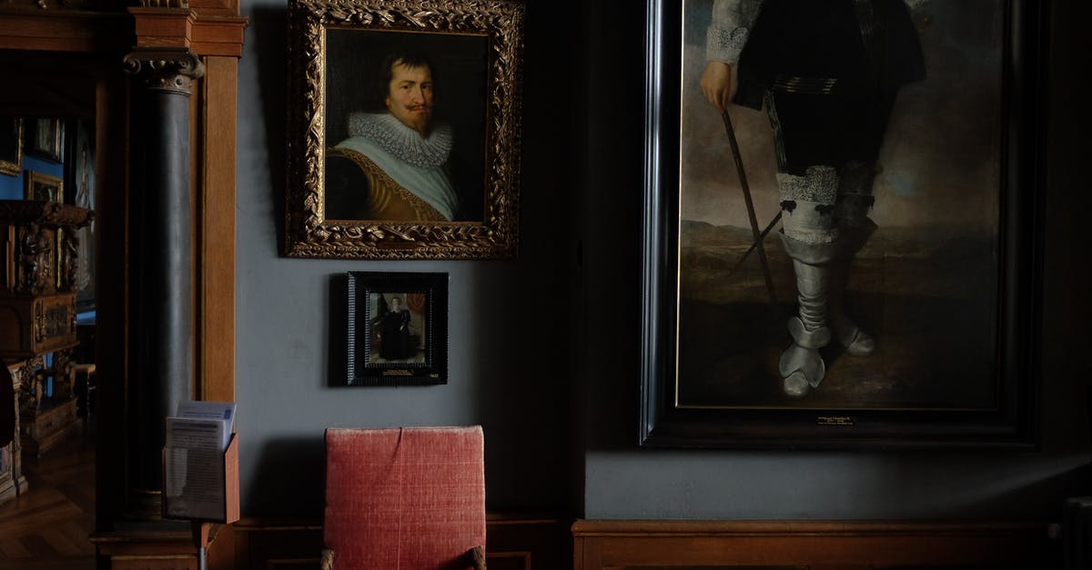 Education history in DS160 - Interior of modern art gallery with portraits in cozy frames hanging on blue wall near comfy old chair