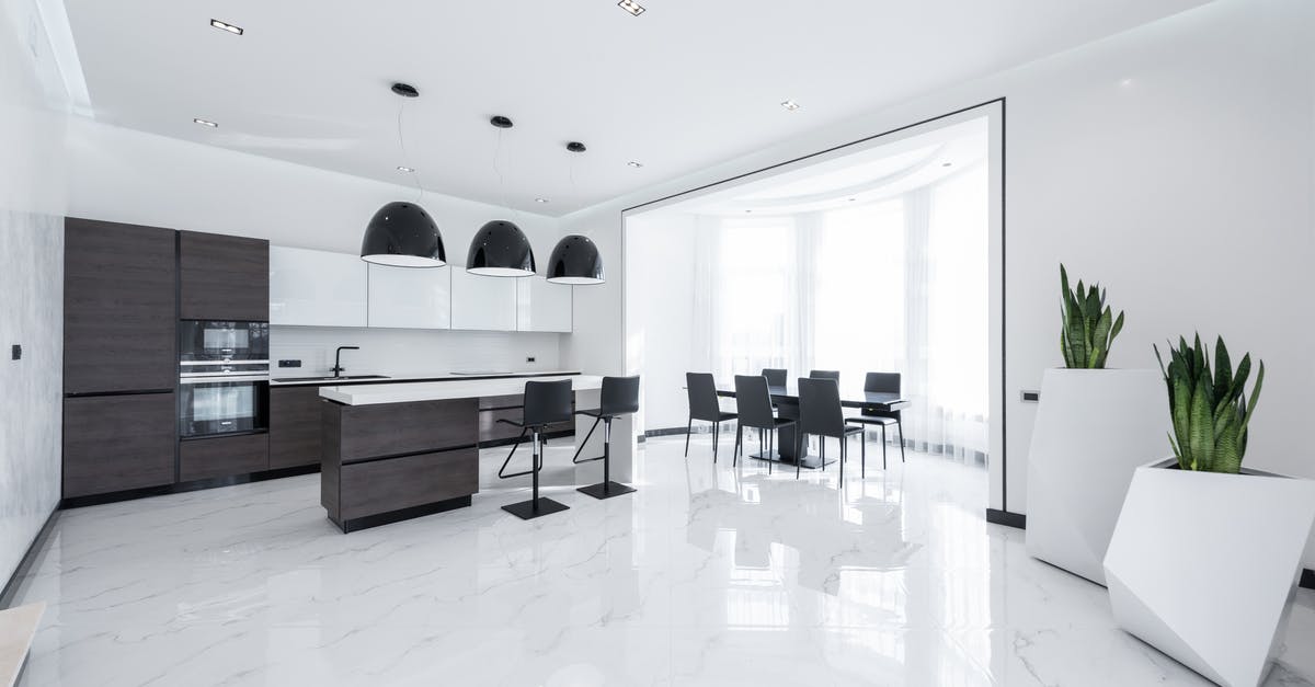 Effects of Schengen Visa refusal appeal on new fresh visa - Interior of modern spacious kitchen with minimalist furniture and shiny marble styled floor decorated with creative white pots of fresh green plants