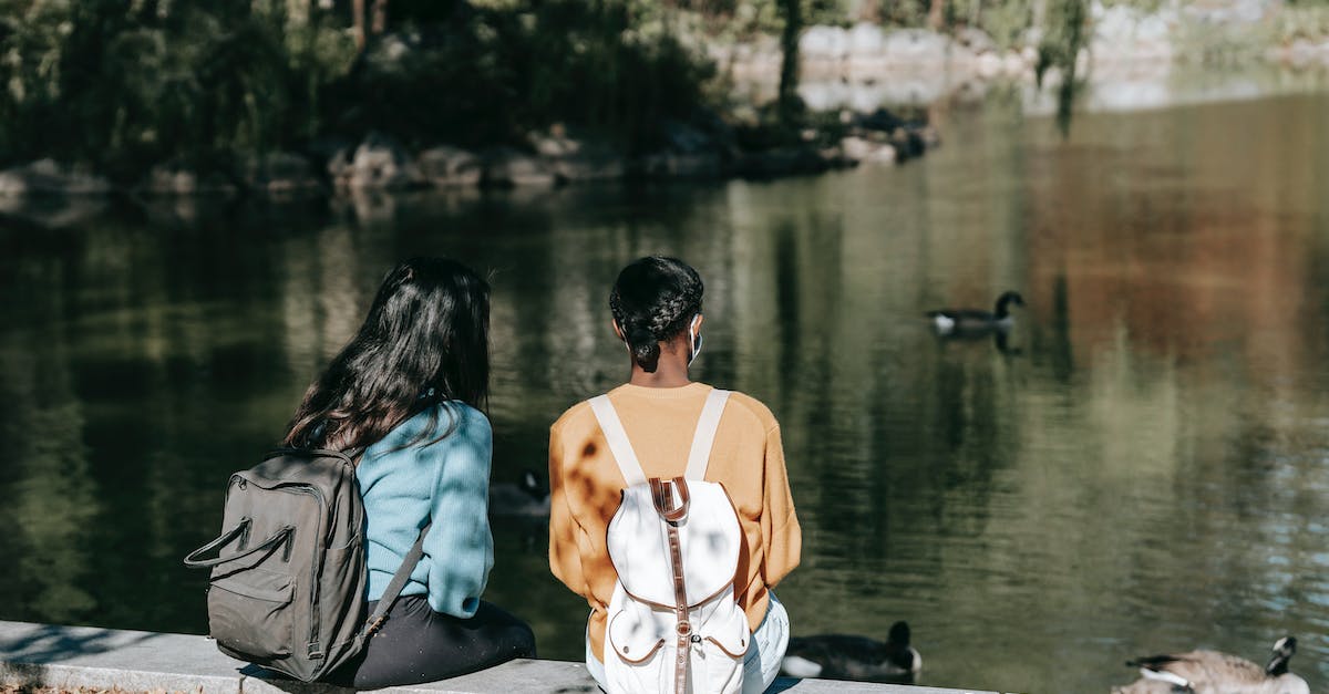 Elephant Park within a day trip from Bangkok - Back view of young female friends in casual wear and backpack sitting near calm lake with ducks in sunny day