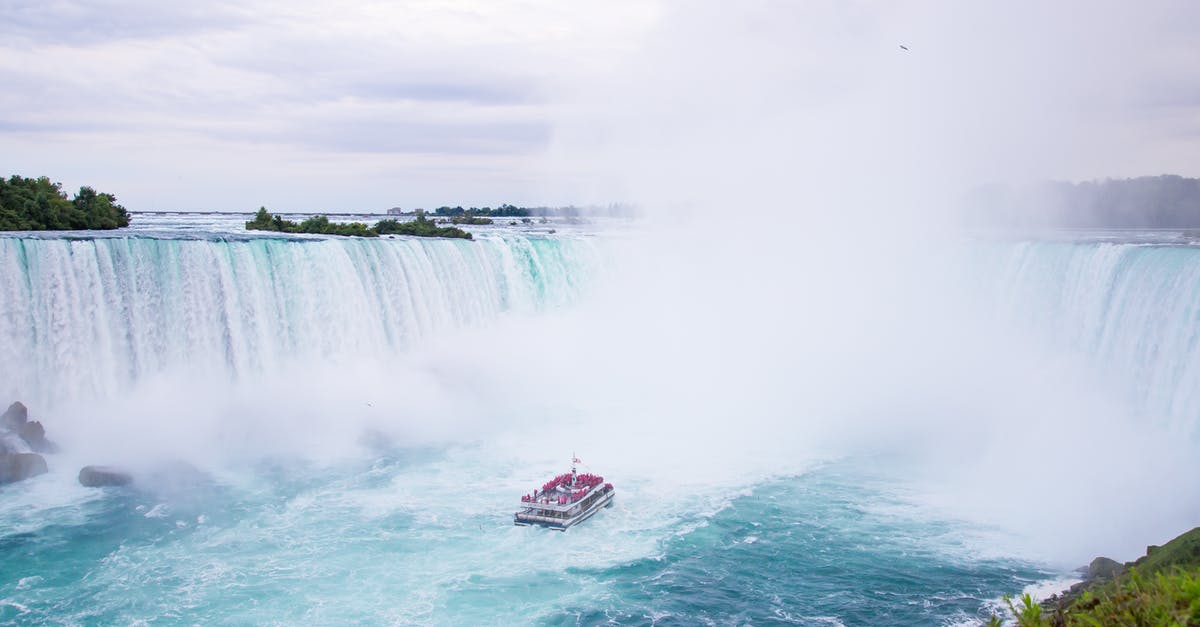 Entering Canada, Niagara border - Splashing Niagara Falls and yacht sailing on river