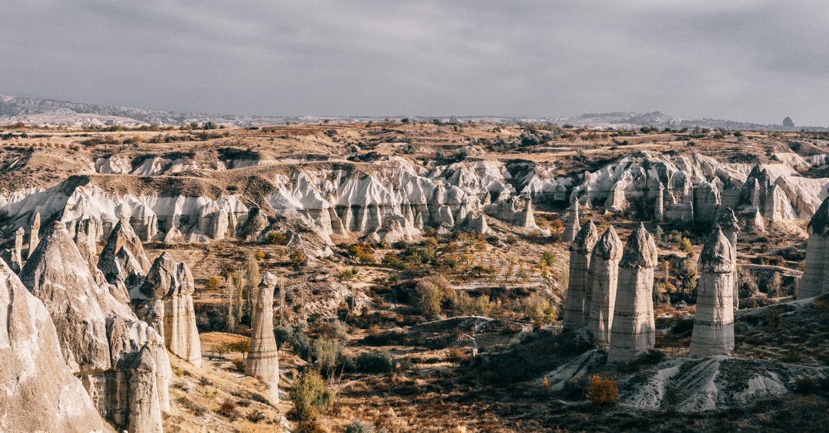 Entering Schengen region before 180 days in 90/180 rule - Stony formations near mountains and plants in valley in Cappadocia