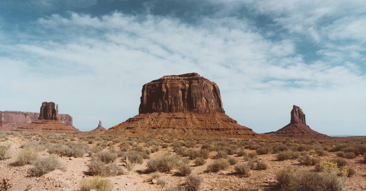 Entering the USA by land border - Rocky formations in desert with bushes