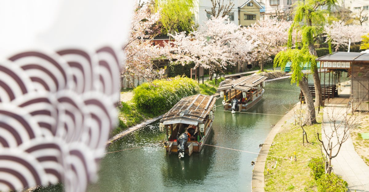 Ferry from Motobu, Okinawa to Kagoshima, Kyushu? - From above of canal with water transport floating along green plants in city with waving flag on street on summer day