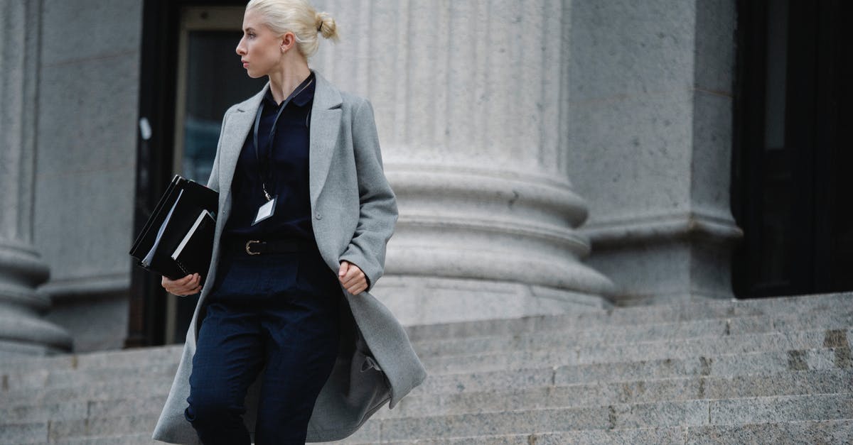 First Entry Member State schengen visa - Serious female lawyer in elegant outfit holding folders with documents while going downstairs near stone state building and looking away