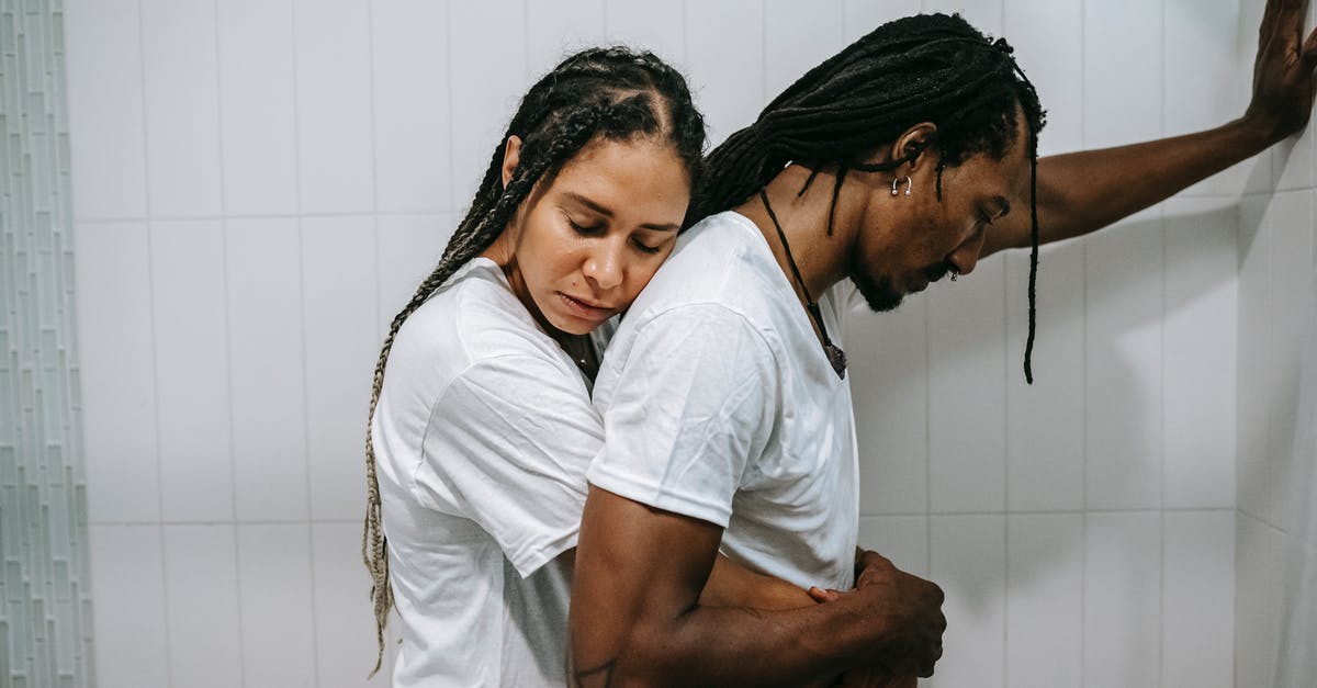 Flight plans affected by Gulf crisis [closed] - Side view sad loving African American female in white shirt standing behind and embracing depressed unhappy husband in bathroom